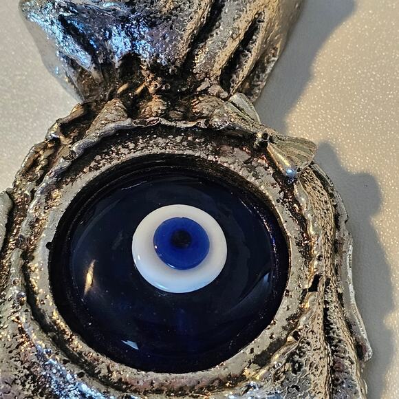 Vintage Turkish Evil Eye Paperweight Silver Metal and Blue Glass - Picture 5 of 9